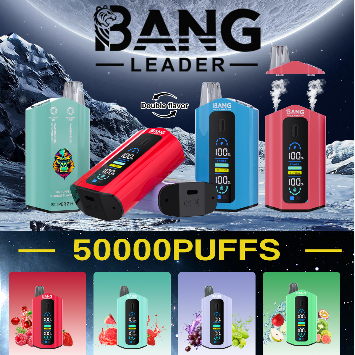 Bang Leader 50000 Disposable Vape - 50K Puffs, 36mBang Leader 50000 Puffs Disposable Vape (0% to 5% Nicotine) โ Dual Pods(20mL+20mL) Unmatched Performance 650mAh battery 12 Flavors l E-Liquid (0-5% Nicotine) 36mL650mAh 12 Flavors