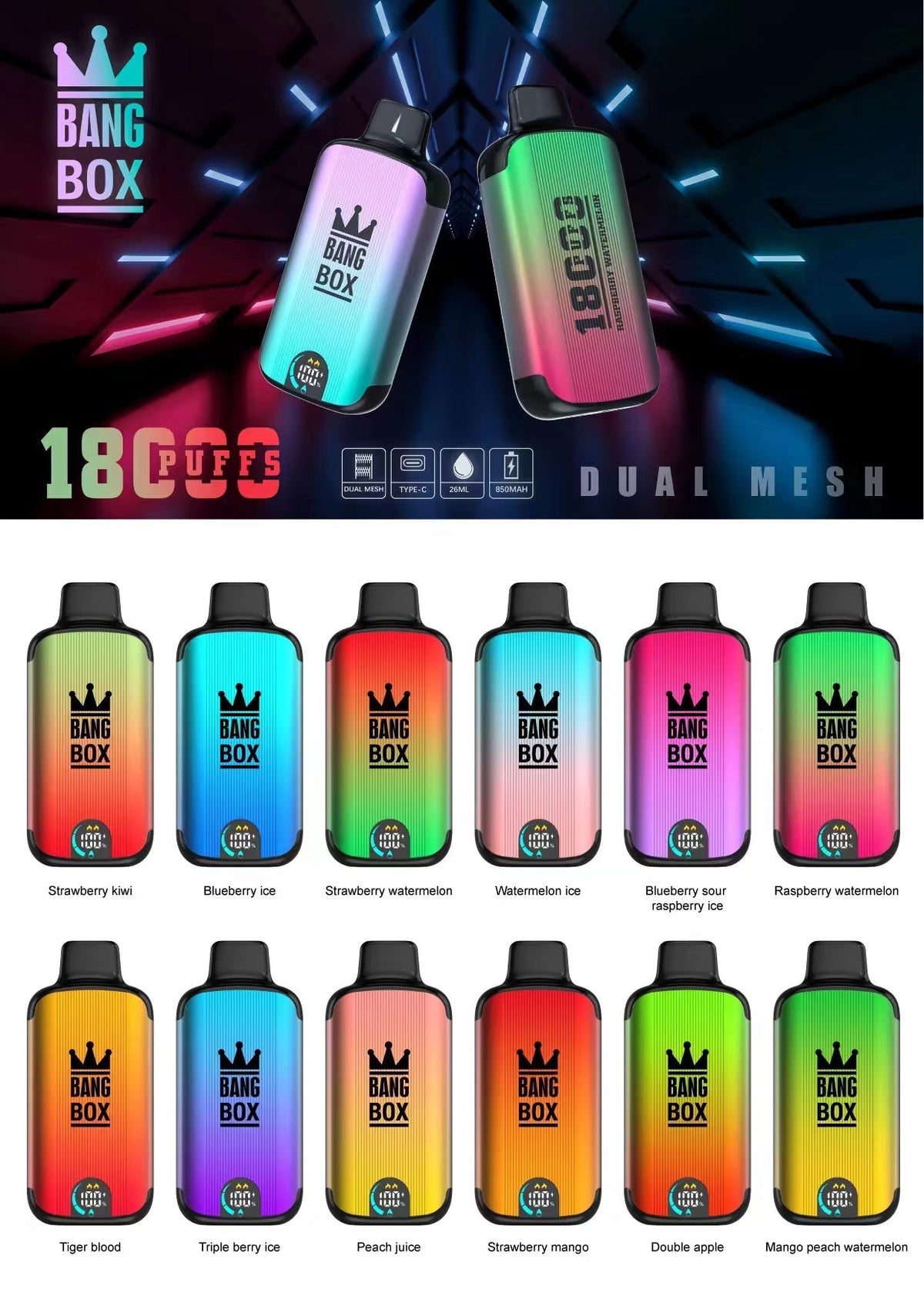 Bangbox 18000 Puffs Smart Screen Disposable E Cigarettes Vape Puff 18k Dual Mesh Coil Led display battery 26ml 850MAH 12Flavors.