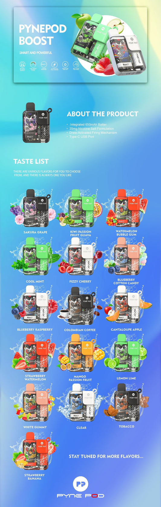 Pynepod 8500 Puffs Disposable Vape 16 Flavors 20mg Nico 2ML Battery Display 550mAh battery