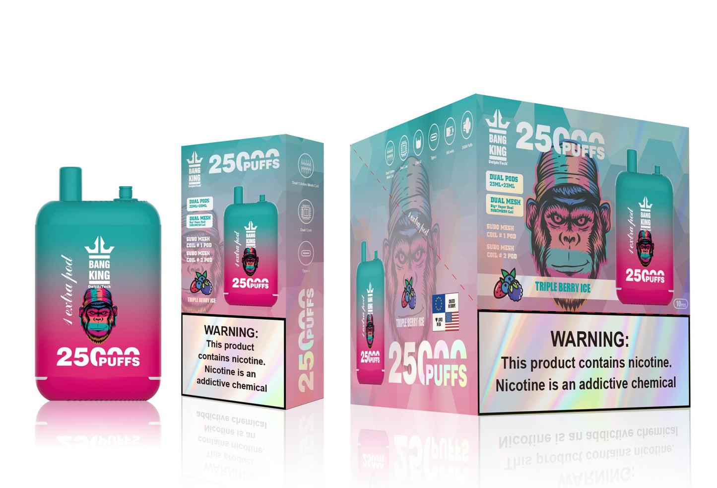 Bang King 25000 Puffs - （23ml+23ml ）e-liquid Dual Tank (0% to 5% Nicotine) 650mAh Battery 12 Flavors