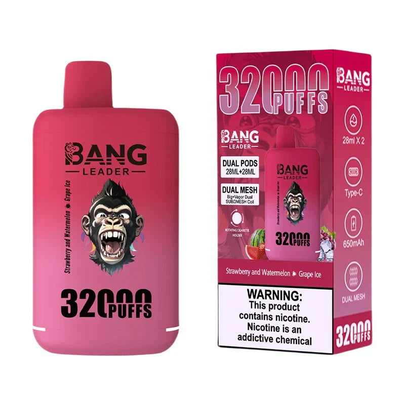 Bang Leader 32000 Puffs Disposable Vape (0% to 5% Nicotine) - Dual Pods, 26ml+26ml E-Liquid 650mah Type-C Rechargeable 18  Flavors
