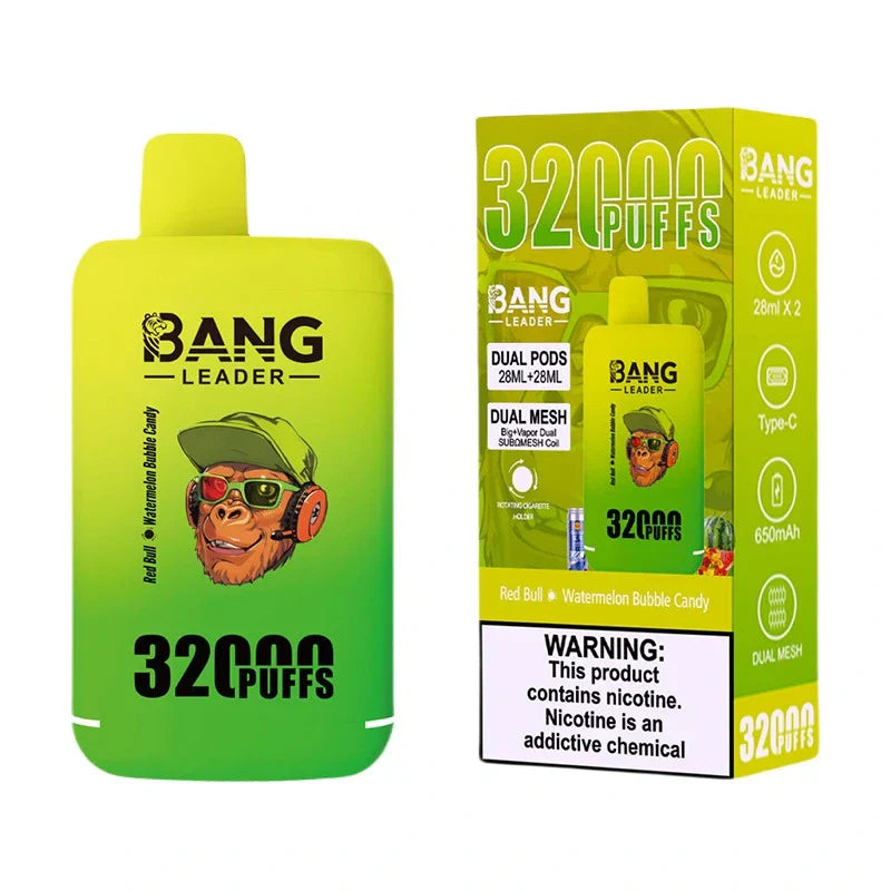 Bang Leader 32000 Puffs Disposable Vape (0% to 5% Nicotine) - Dual Pods, 26ml+26ml E-Liquid 650mah Type-C Rechargeable 18  Flavors