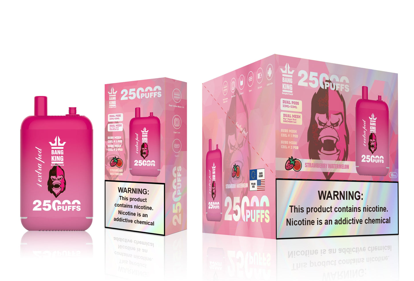 Bang King 25000 Puffs - （23ml+23ml ）e-liquid Dual Tank (0% to 5% Nicotine) 650mAh Battery 12 Flavors