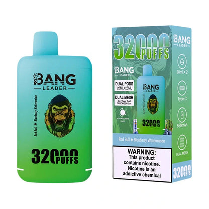 Bang Leader 32000 Puffs Disposable Vape (0% to 5% Nicotine) - Dual Pods, 26ml+26ml E-Liquid 650mah Type-C Rechargeable 18  Flavors