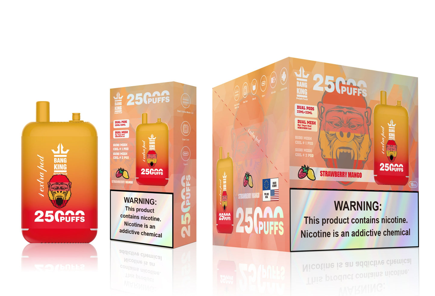Bang King 25000 Puffs - 46mL pre-filled e-liquid Dual Tank (0% to 5% Nicotine);650mAh Battery 12 Flavors