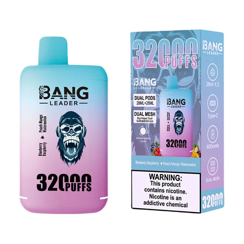 Bang Leader 32000 Puffs Disposable Vape (0% to 5% Nicotine) - Dual Pods, 26ml+26ml E-Liquid 650mah Type-C Rechargeable 18  Flavors