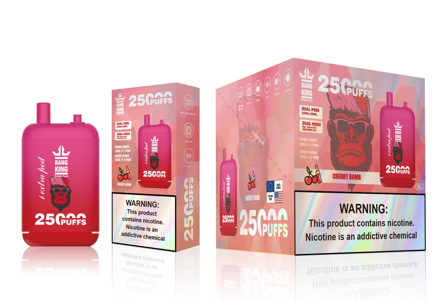 Bang King 25000 Puffs - （23ml+23ml ）e-liquid Dual Tank (0% to 5% Nicotine) 650mAh Battery 12 Flavors