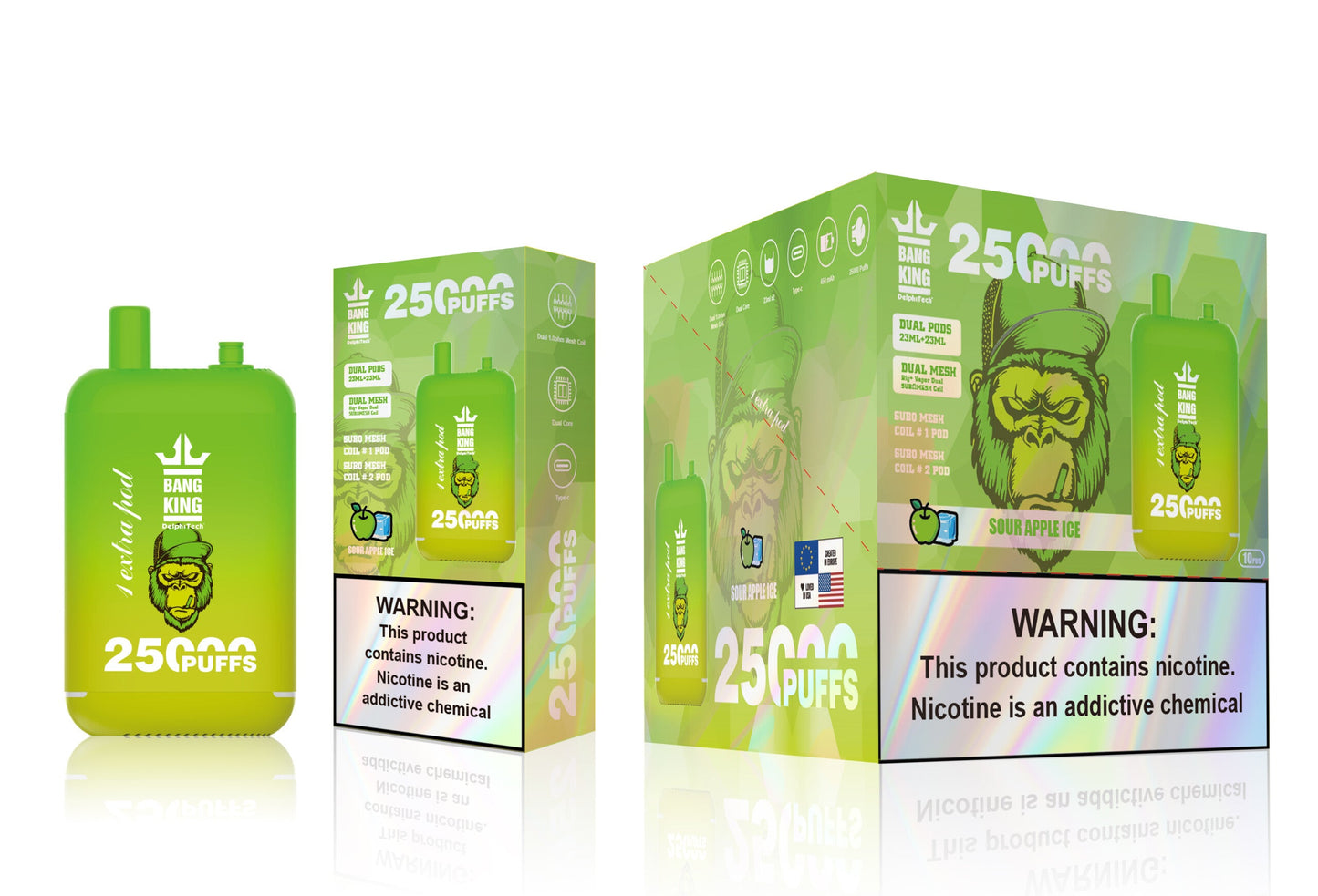 Bang King 25000 Puffs - 46mL pre-filled e-liquid Dual Tank (0% to 5% Nicotine);650mAh Battery 12 Flavors