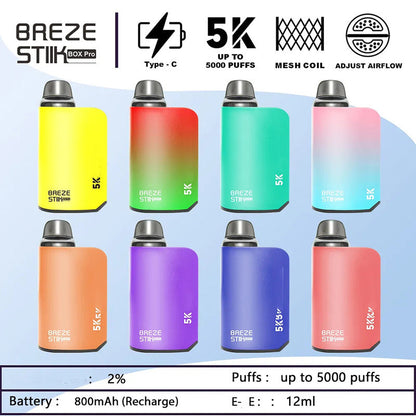 Breze Stiik Box Pro 5000 Puffs – 12ml Prefilled Pod, Mesh Coil, Adjustable Airflow, 950mAh Rechargeable Vape
