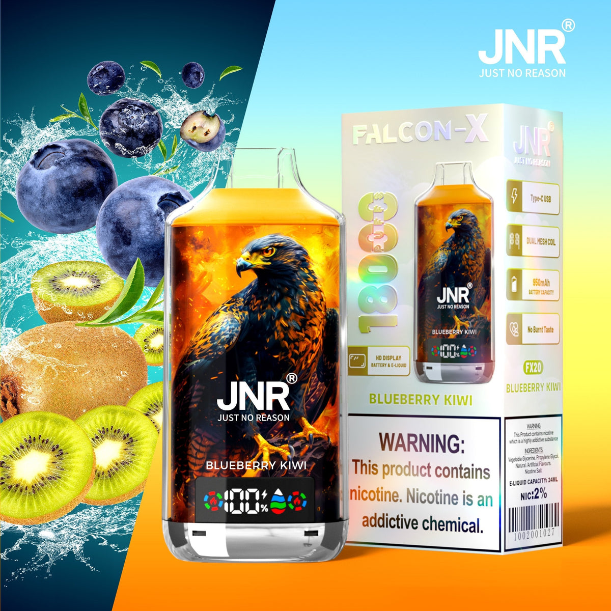 JNR FALCON X 18000 18k Puffs LED Display Hot Sale Disposable Vap-950mAh Battery, 24ml E-liquid, Multiple Nicotine 29 Flavors