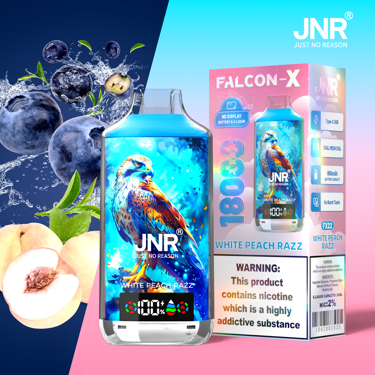 JNR FALCON X 18000 18k Puffs LED Display Hot Sale Disposable Vap-950mAh Battery, 24ml E-liquid, Multiple Nicotine 29 Flavors