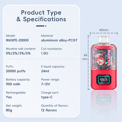 WASPE 20000 20K Puffs 0% 2% 3% 5% Nicotine LCD Display Rechargeable Disposable Vape