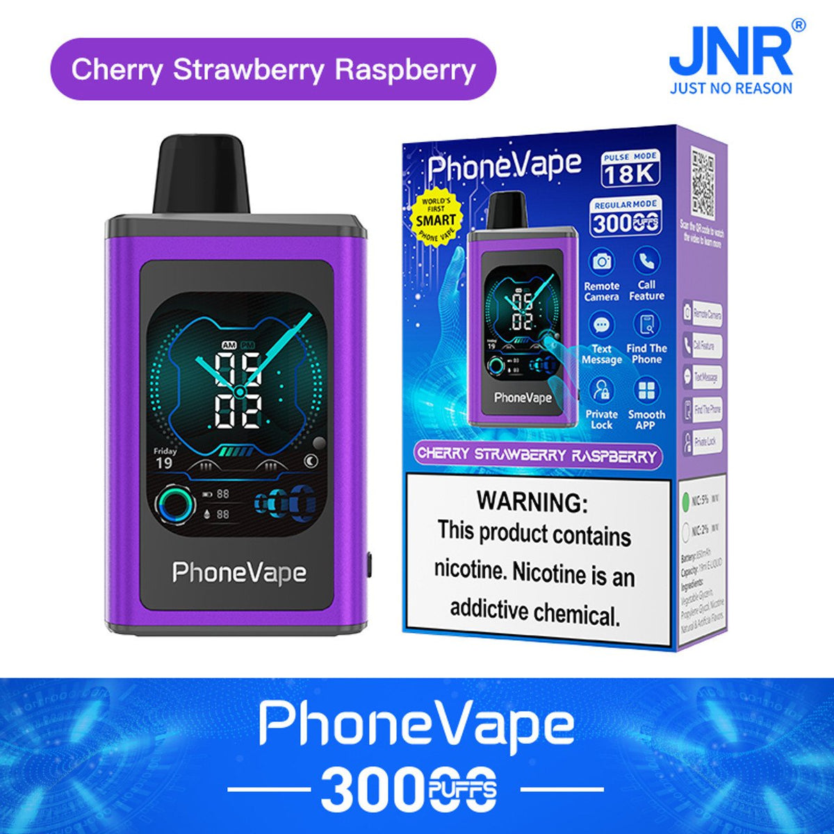 JNR Phone Vape 30000 30K Puffs Latest Smart Disposable Vape-1000mAh Battery, 19ml E-liquid, Multiple Nicotine 10 Flavors