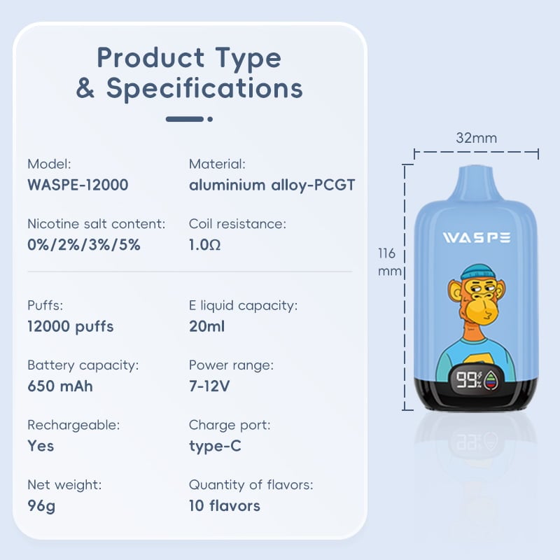 WASPE 12000 Puffs Digital Box Disposable Vape Popularity Cigarette Pod
