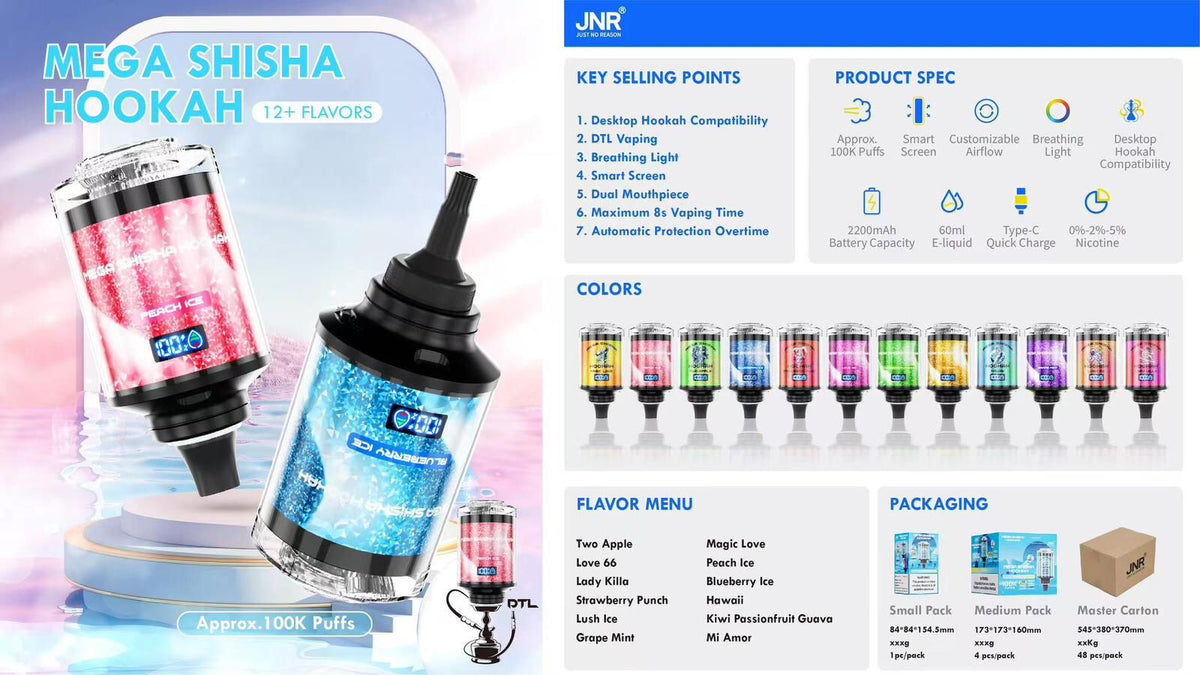 JNR Mega Shisha Hookah 100000 Puffs Disposable Vape Pen E Cigarette Prefilled 60ml 2200mAh