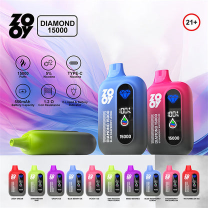 ZOOY DIAMOND 15000 Rechargeable Disposable Vape – 15000 Puffs, Mesh Coil, 550mAh Battery