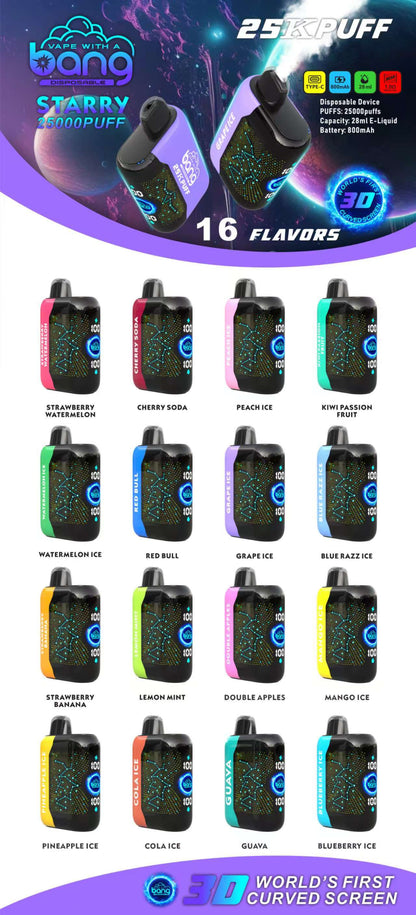 Bang starry 25000 puffs Disposable Vape-850mAh Battery, 30ml E-liquid, Multiple Nicotine 16 Flavors