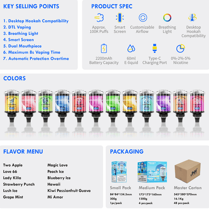 JNR Mega Shisha Hookah 100000 Puffs – The Ultimate in Large-Capacity Vaping-2200mAh Battery, 60ml E-liquid, Multiple Nicotine 12 Flavors
